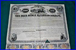#S360, Blue Ridge Railroad Stock/Bond $1000 Rare Full Coupons, S Carolina, 1860