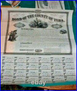 #S462, County of Yuba CA, Railroad $1000 Bond w 29 Coupons, Seldom Seen 1866