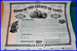 #S462, County of Yuba CA, Railroad $1000 Bond w 29 Coupons, Seldom Seen 1866