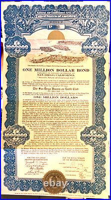SAN DIEGO ONE MILLION DOLLER SUNSHINE BOND, 1938, RARE, FINE, Antique Bond