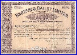 SERIAL #1 BARNUM BAILEY STOCK ISS 2 JAMES BAILEY for HIS SHARE of CO at FOUNDING