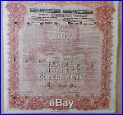 SIAM Rare 2 Royal siamese Government bond 1905 & 1907 Rama V Thailand Hong-Kong