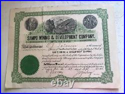 Sampo Mining & Develoment Co Stock Certificate Finland Europe 1906