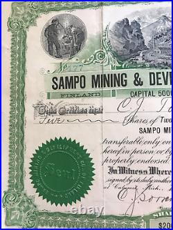 Sampo Mining & Develoment Co Stock Certificate Finland Europe 1906