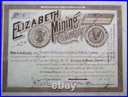 Silver Dollar Vignette'Elizabeth Mining' 1889 Montana Mining Stock Certificate