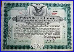 States Motor Car Company' 1918 Stock Certificate- Greyhound Cyclecar/Automobile