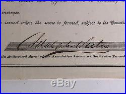 Sutro Tunnel Company Stock Certificate Signed Adolph Sutro 1868 Nevada Comstock