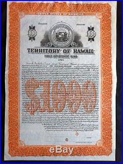 TERRITORY OF HAWAII IMPROVEMENT BOND SPECIMEN With COUPON ATTACHED XF PAHV81
