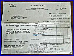 TUCKER AUTOMOBILE STOCK CERTIFICATE w ORIGINAL RECEIPT 1947
