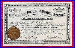 The 7 30 Consolidated Mining Co. Poughkeepsie Gulch Colorado 1881 Stock Shares