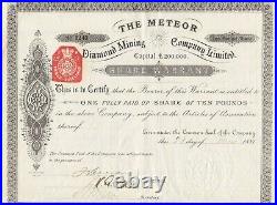The Meteor Diamond Mining Company Limited Rare 1881 Share Certificate