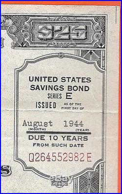 U S Savings Bond Series E $25.00 August 1944 UNUTED STATES WAR SAVINGS BOND