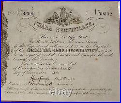 UK 1865 Share Certificate Oriental Bank Royal Charter 25 Sterling Bond Loan