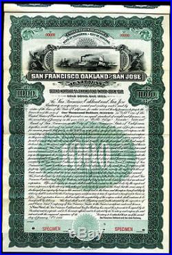 UNLISTED 1906 SAN FRANCISCO OAKLND SAN JOSE SPECIMEN BOND w COUPONS, EACH w TRAM