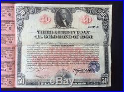 USA $50 3rd Liberty Loan 4 1/4% 1918 Gold Bond of 1928 uncancelled coupons W W I