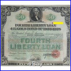 USA 50$ Fourth Liberty Loan 4 1/4% Gold Bond of 1933-1938 Washington, DC 1918