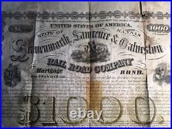 USA Leavenworth Galveston Rail Road Bond 1899 1000.00 In 1 Piece Several Tears