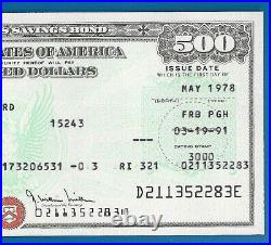 Us Saving Bond Wilson $500.00 June 1978 Series E Uncancelled Ri Red Seal