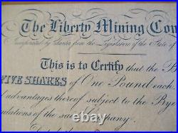 VTG 1852 STOCK CertificateTHE LIBERTY MINING COBedford County/VIRGINIAGold