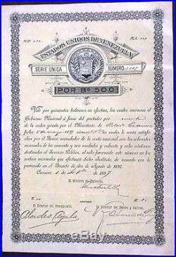 Venezuela 1897 Estados Unidos 500 Bolivares VERY RARE Scarce UNC Bond Share Loan