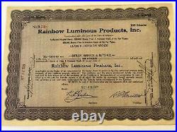 Very Very Rare! 1929 Rainbow Luminous Products, Inc. Stock Certificate