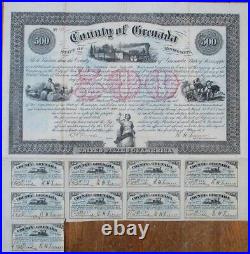 Vicksburg & Nashville Railroad, County of Grenada, MS 1872 Bond Certificate-Miss