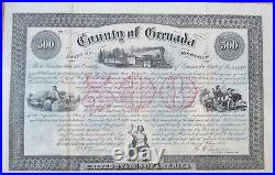 Vicksburg & Nashville Railroad, County of Grenada, MS 1872 Bond Certificate-Miss