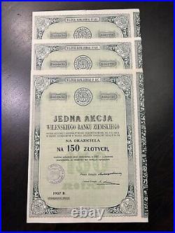 Vilnius Wilno 1937 bank shares 3 pcs numbers in row Litwa Lithuania