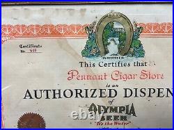 Vintage 1939 Olympia Beer Auth. Dispenser Certificate Brewing Co. 1896 Gold Seal