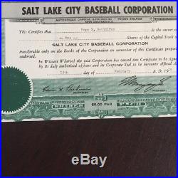 Vintage Baseball Stock Certificate Salt Lake City Bees 1958 Pittsburgh PCL Minor