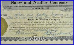 Vintage Snow & Nealley Co. Bangor Maine 1952 $100 Stock Certificate-135 Shares