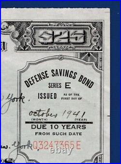 WAR DEFENSE Savings Bond OCT 1941 Series E $25.00 SCHWAN # 221 b TOP PERFORATION