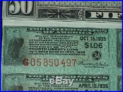 WWI U. S. $50 Fifty Dollar Fourth Liberty Loan 4 1/4% Gold Bond 1933 1938, RARE