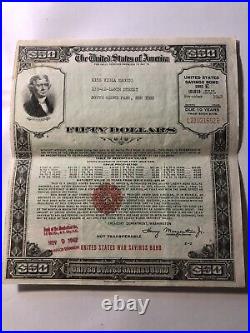 World War II U. S. War Savings Bond $50.00 Denomination Series E 10 Year Bond