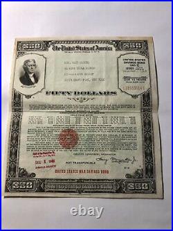 World War II U. S. War Savings Bond $50.00 Denomination Series E 10 Year Bond