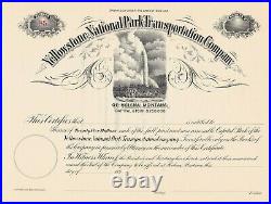 Yellowstone National Park Transportation Company Stock Certificate Old Faithful